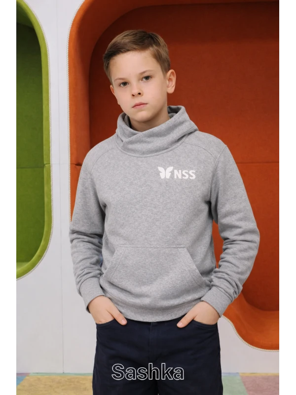 Худі УТЕПЛЕНЕ для хлопчика на флісі з коміром сіре з логотипом школи NSS, розмір 116-164